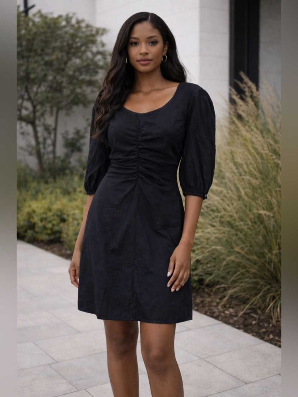 Free People Black Ruched Mini Dress Puff Sleeve Scoop Neck Medium